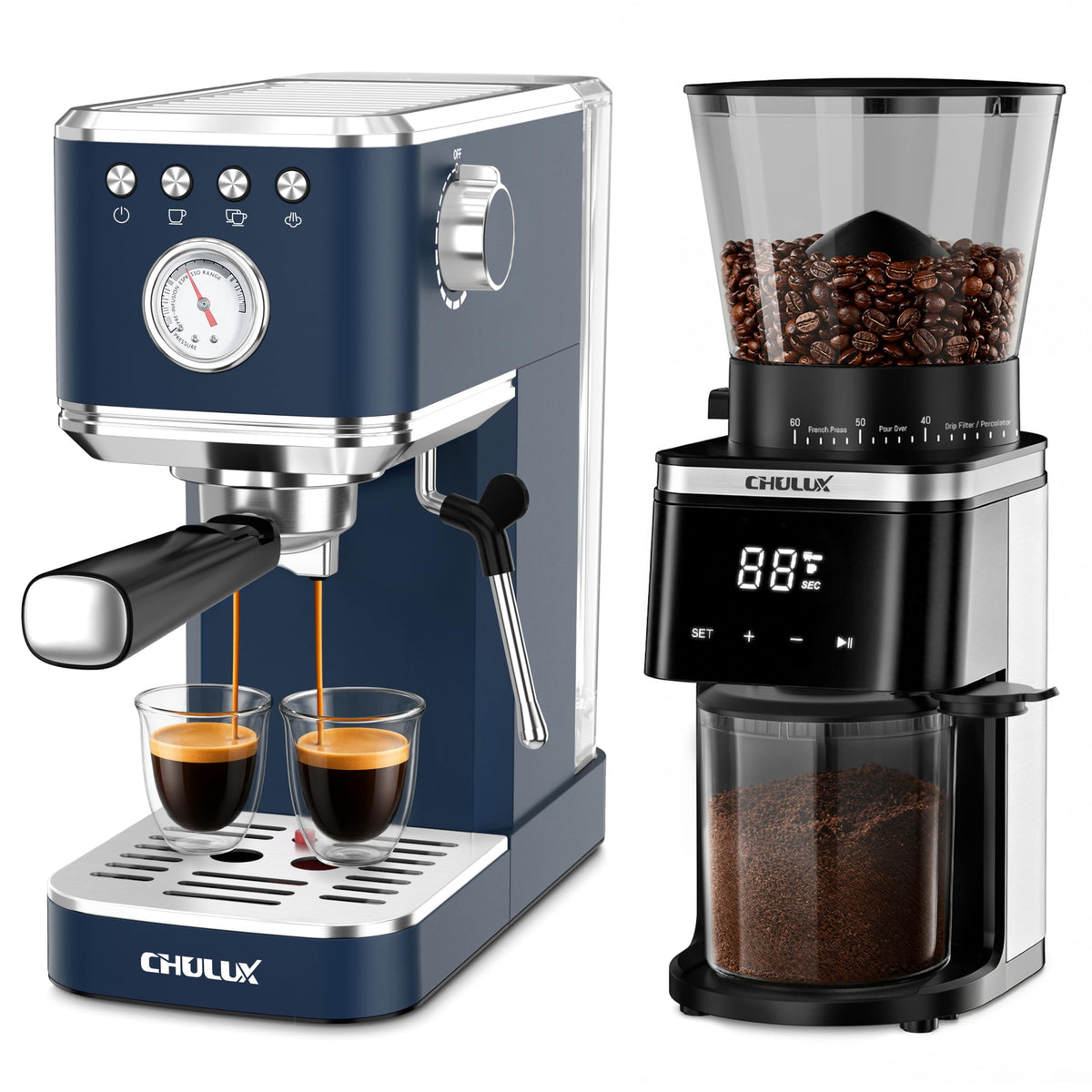 Dark Blue Espresso Machine with Conical Burr Coffee Grinder P1300