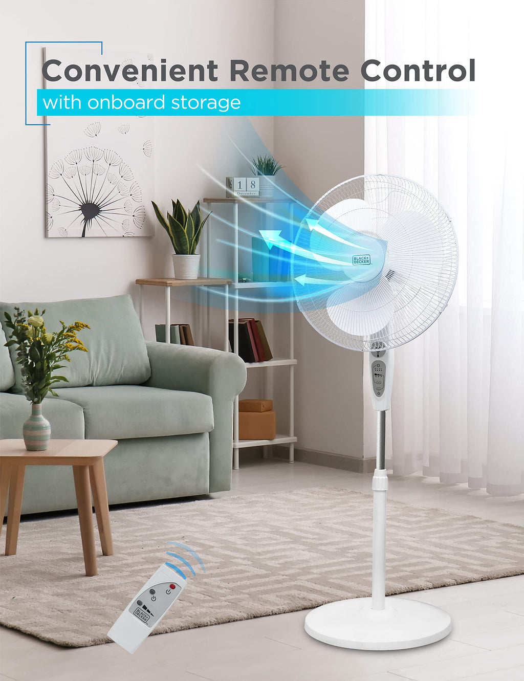 18-Inch Stand Fan with Remote and 3-Speed Settings, White S282