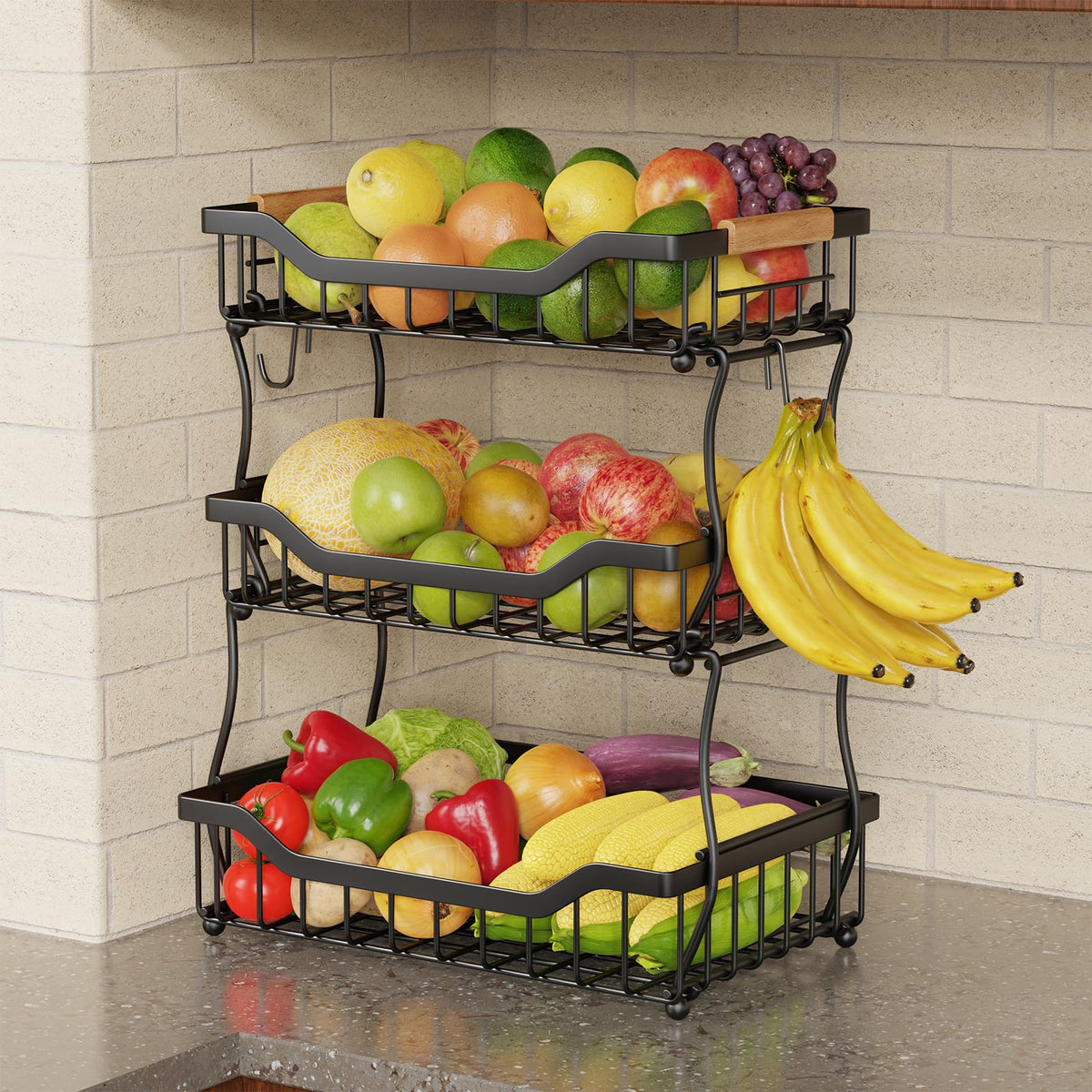 3 Tier Black Metal Wire Fruit Basket W4265