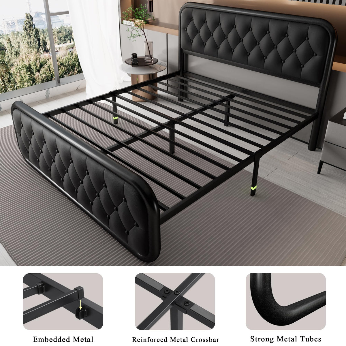 Full Size Upholstered Platform Bed Frame with Faux Leather Headboard I991
