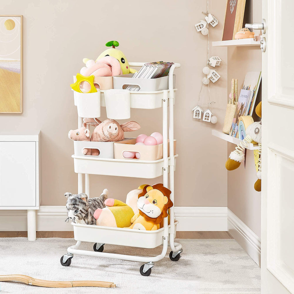 3-Tier Plastic and Steel Rolling Cart with Handle and 2 Brakes C9876