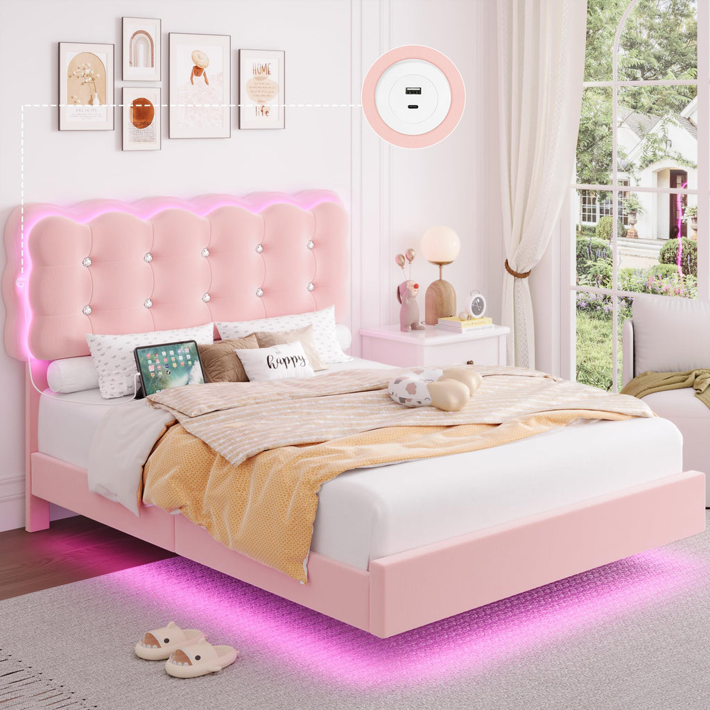 Full Size LED Bed Frame with Charging Station Headboard V9718