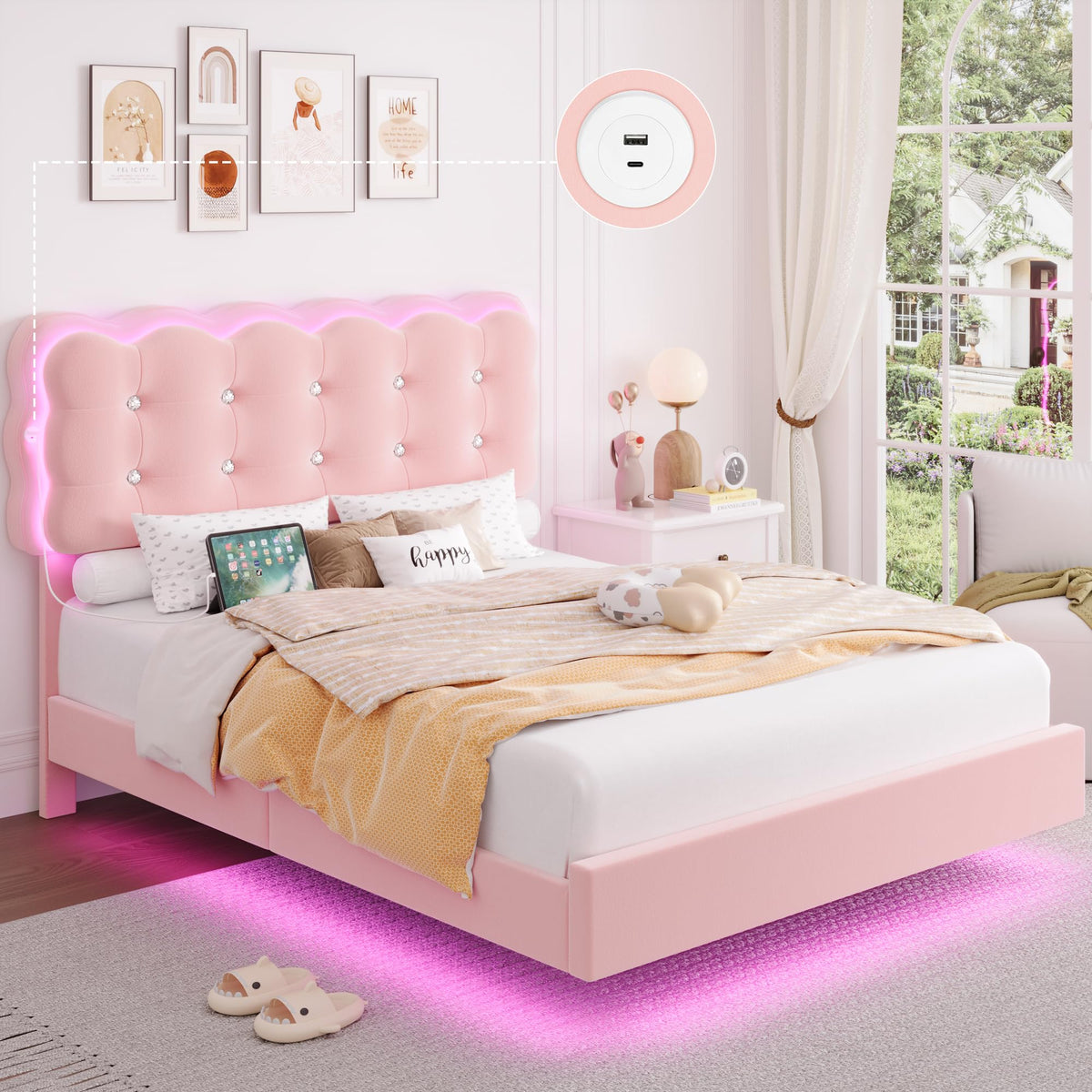Full Size LED Bed Frame with Charging Station Headboard V9718