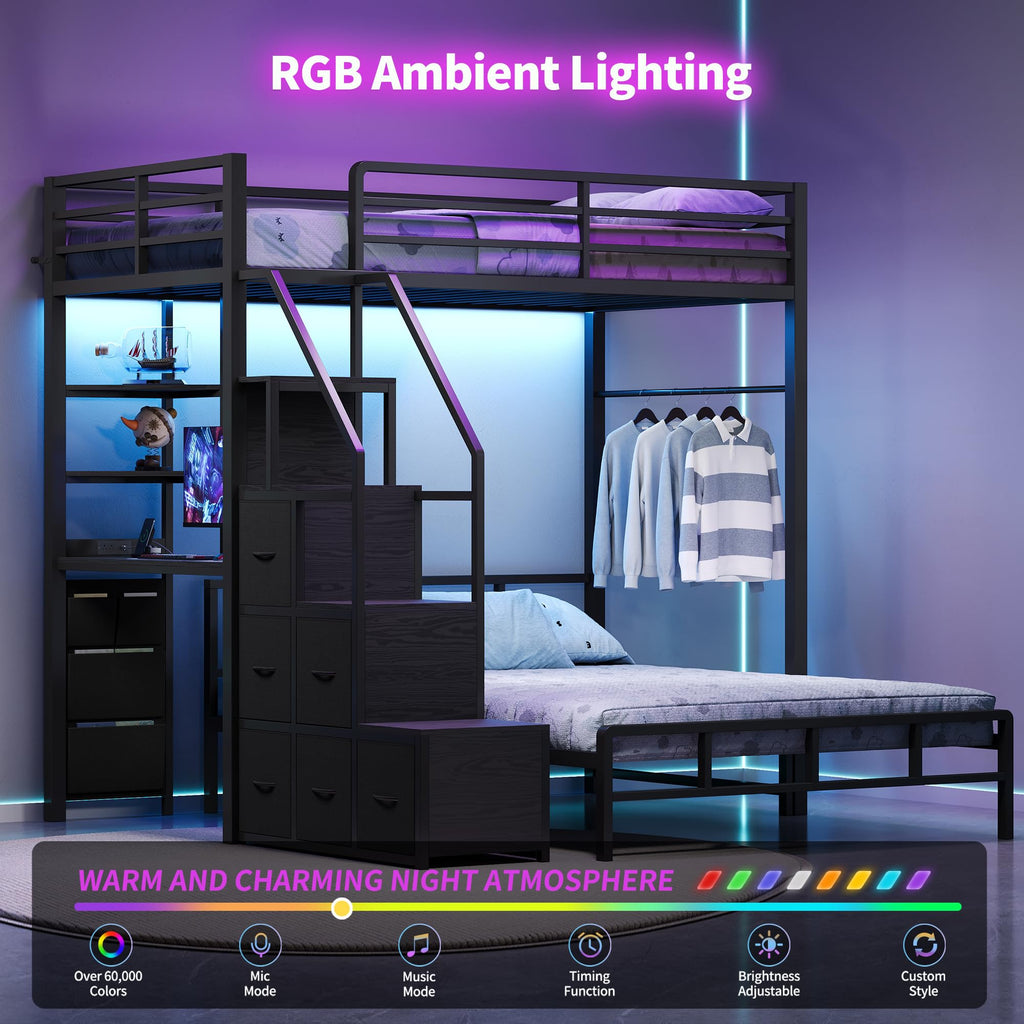 Black Twin Over Full Bunk Bed with Desk and Stairs E847