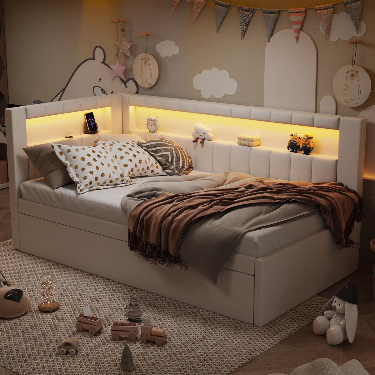 White Twin Size Upholstered Daybed with Trundle A430065