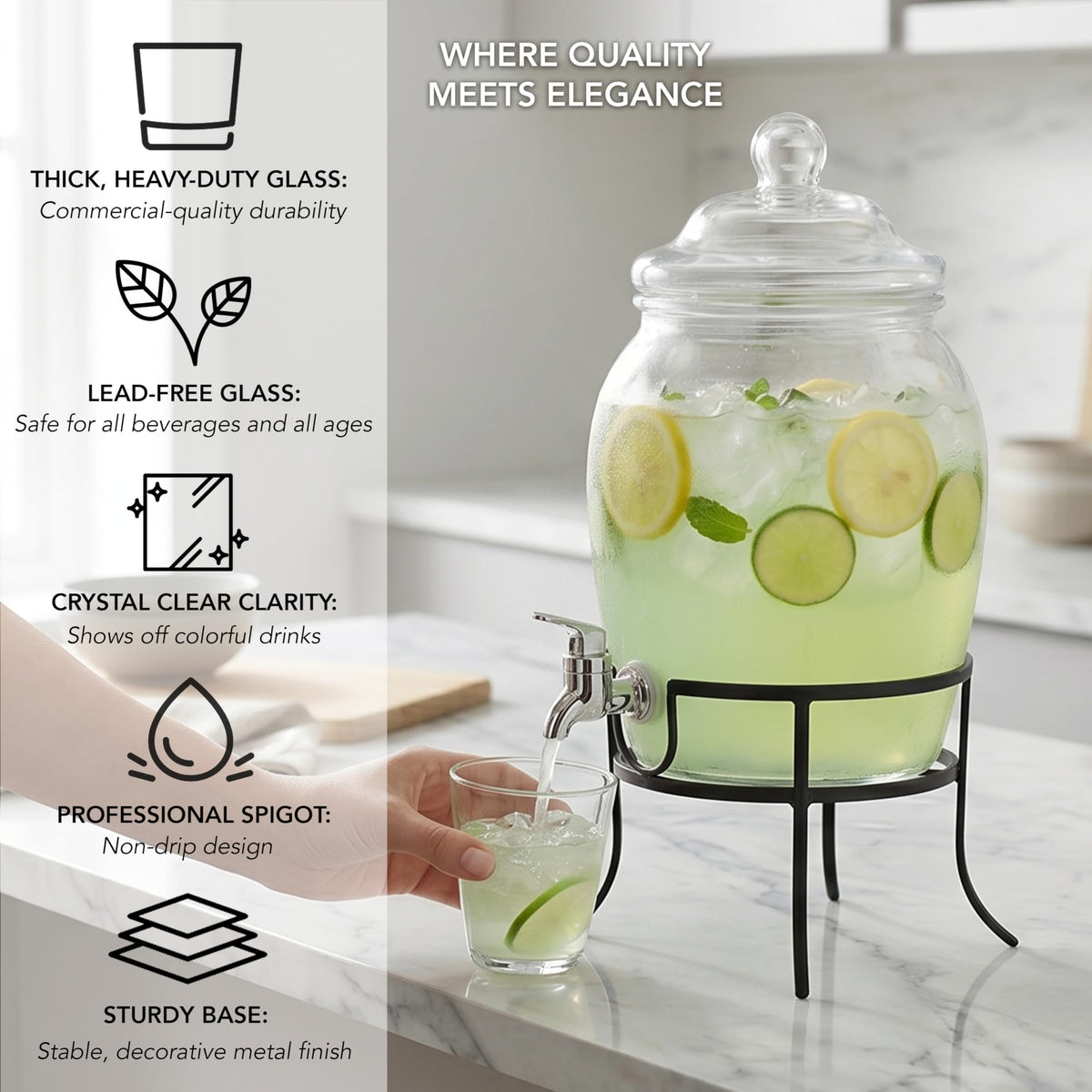Glass Beverage Dispenser with Metal Stand 2 Gal W28162