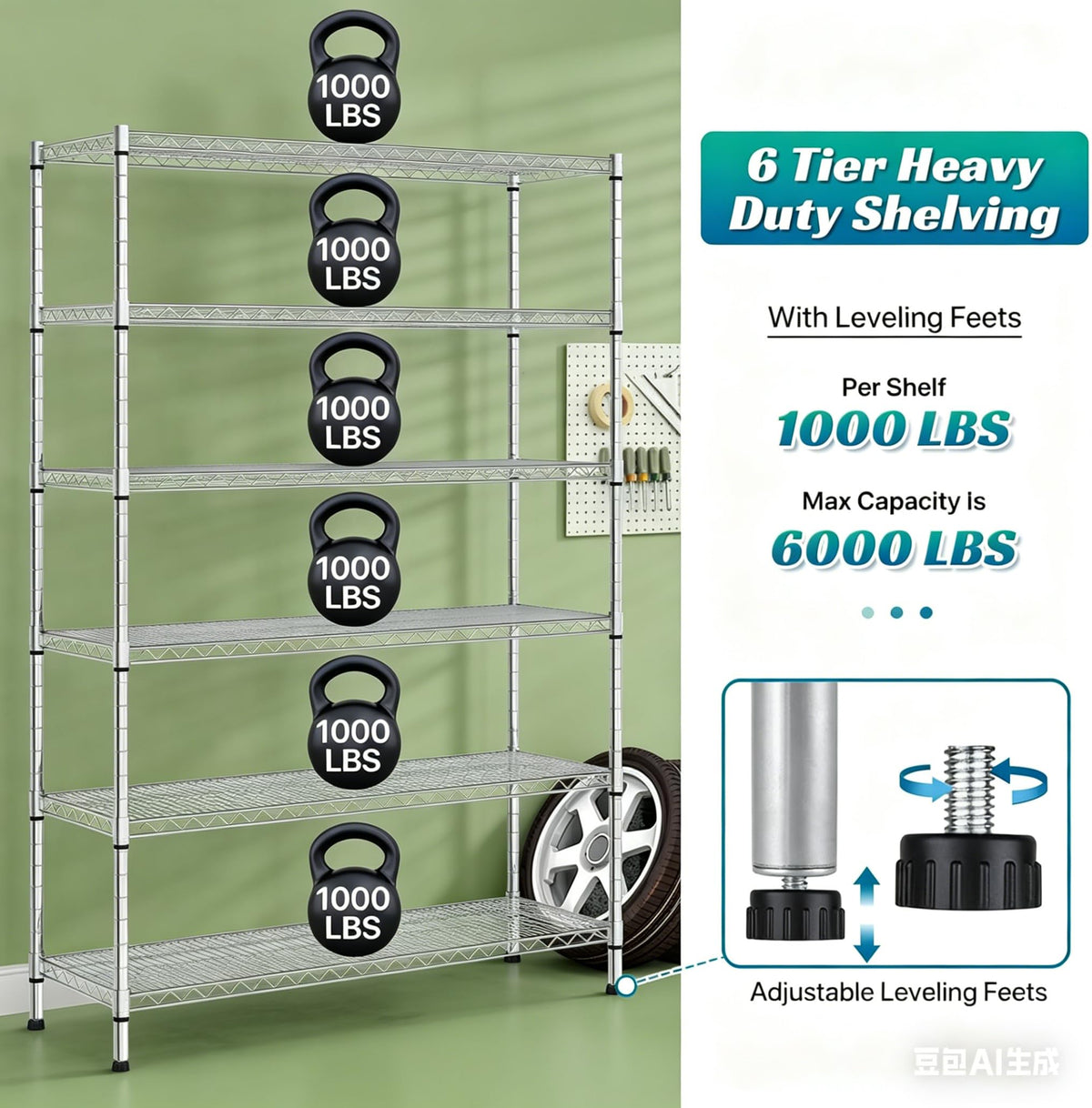 6-Tier Heavy Duty Steel Wire Shelving Unit with Wheels I633254