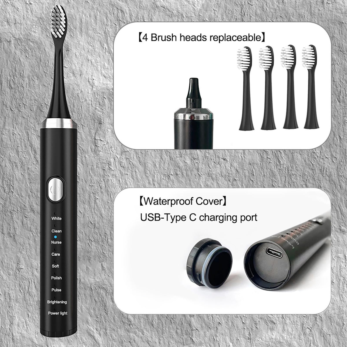 Black Rechargeable Electric Toothbrush with 4 Replacement Heads K256