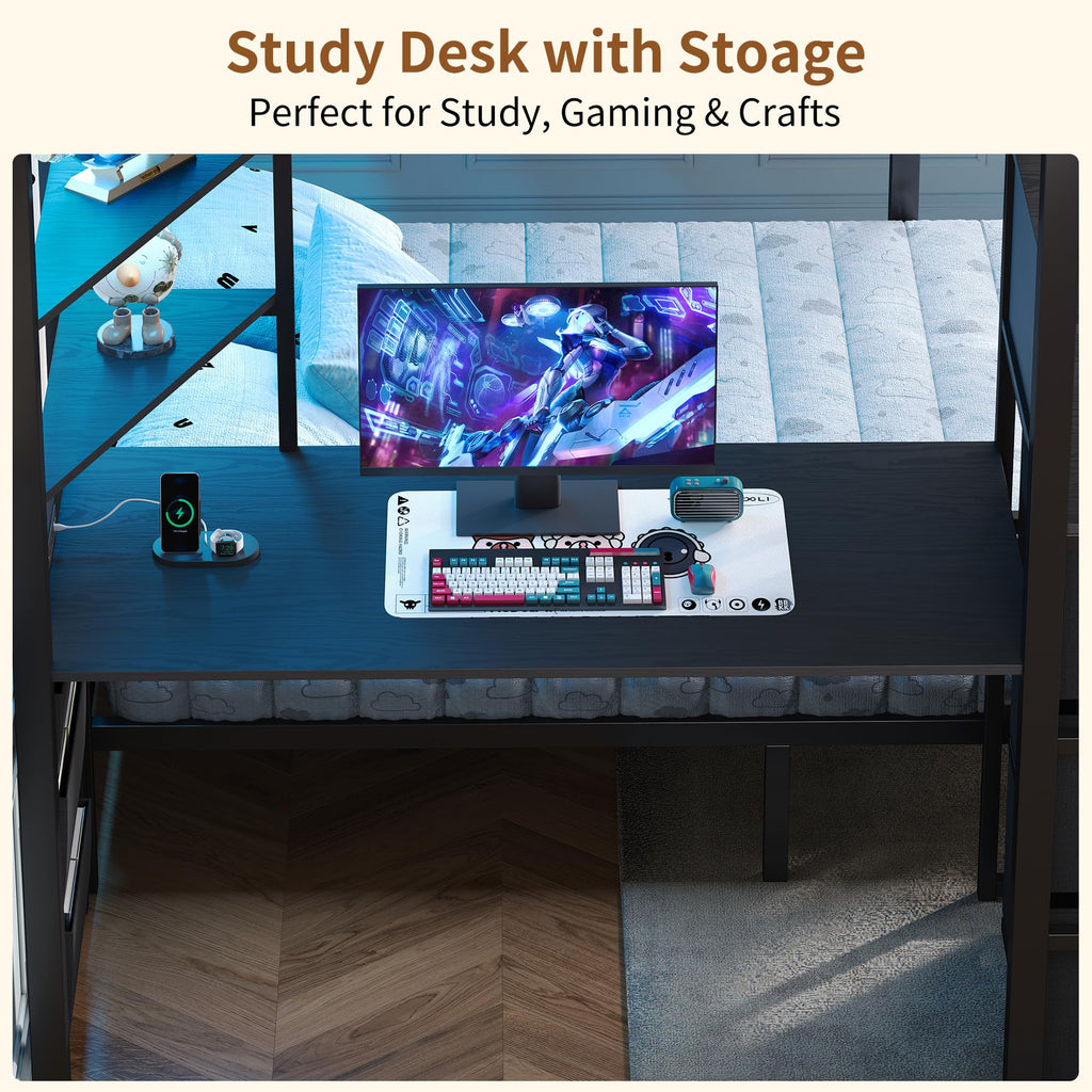 Black Twin Over Full Bunk Bed with Desk and Stairs E847