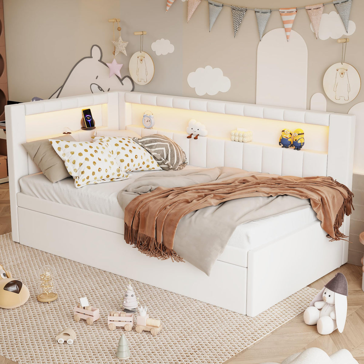 White Twin Size Upholstered Daybed with Trundle A430065