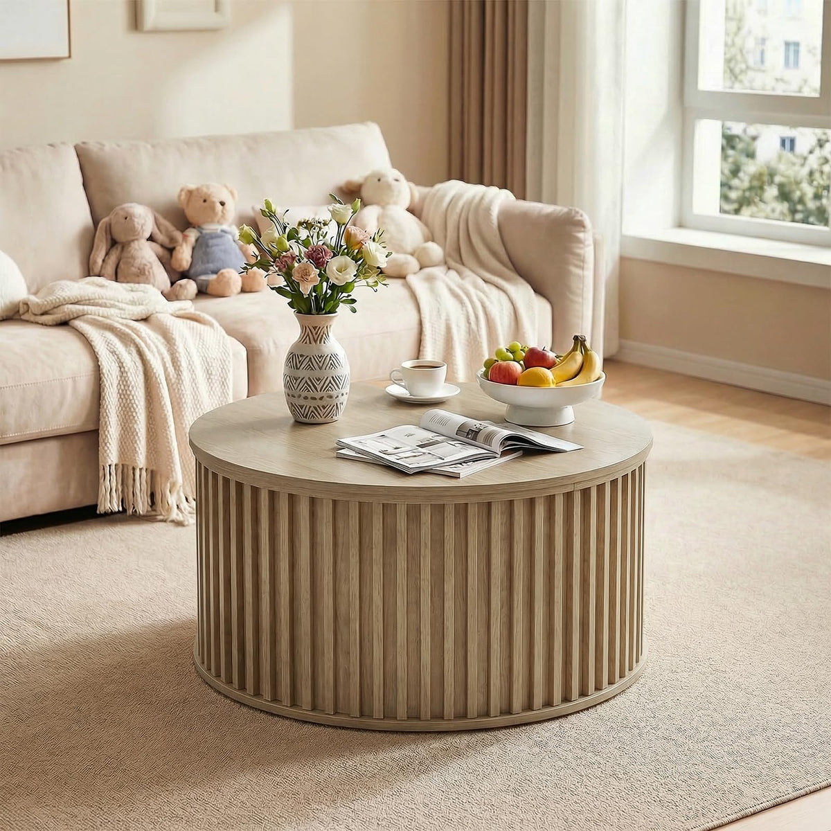 Round Coffee Table with Storage, 35.43" Fluted Center Table W8183