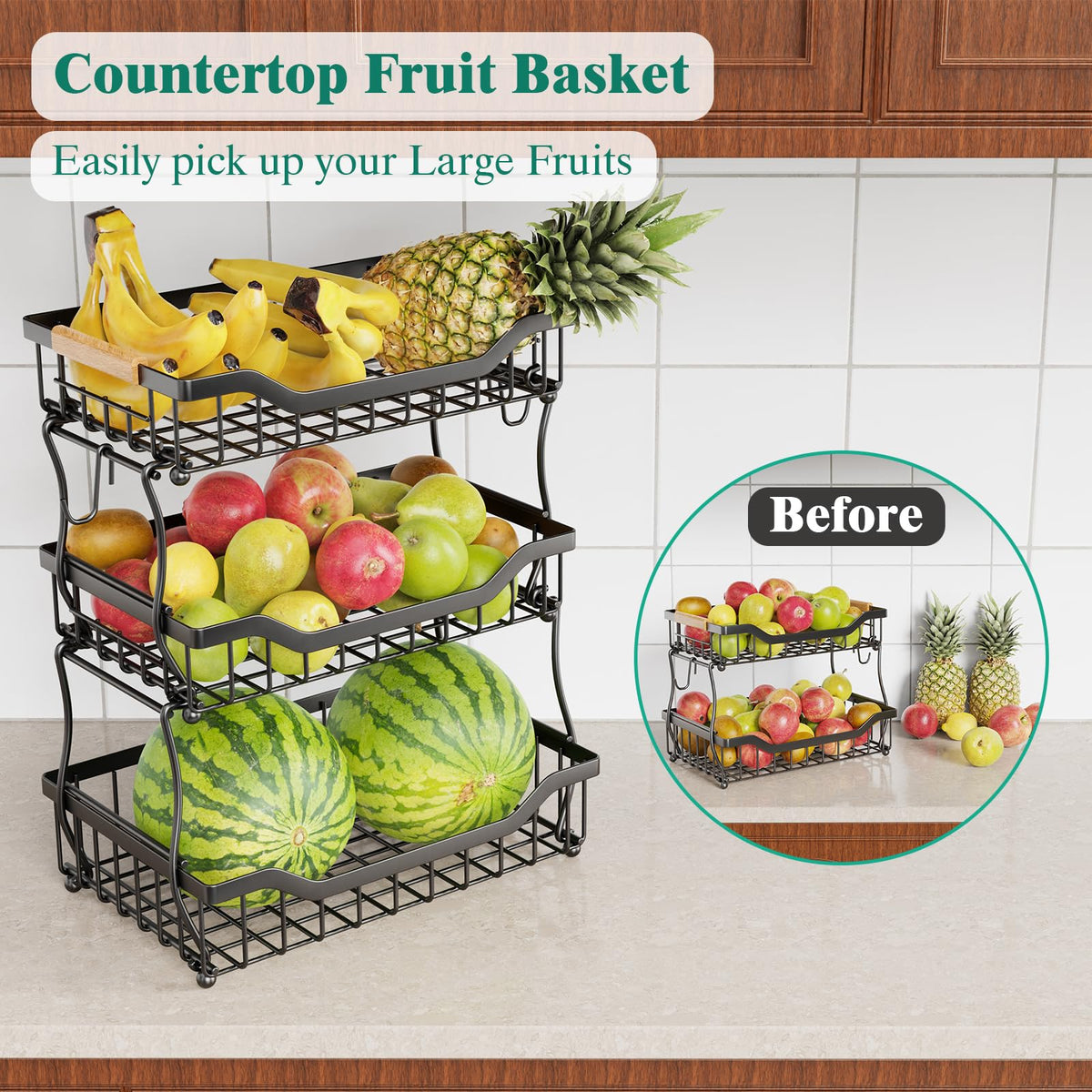3 Tier Black Metal Wire Fruit Basket W4265
