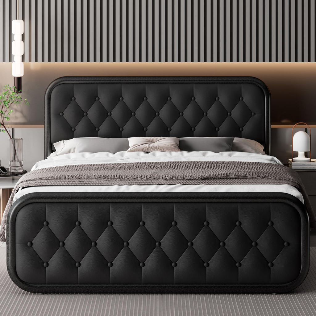 Full Size Upholstered Platform Bed Frame with Faux Leather Headboard I991