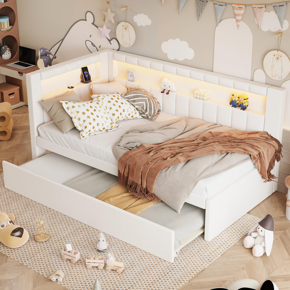 White Twin Size Upholstered Daybed with Trundle A430065