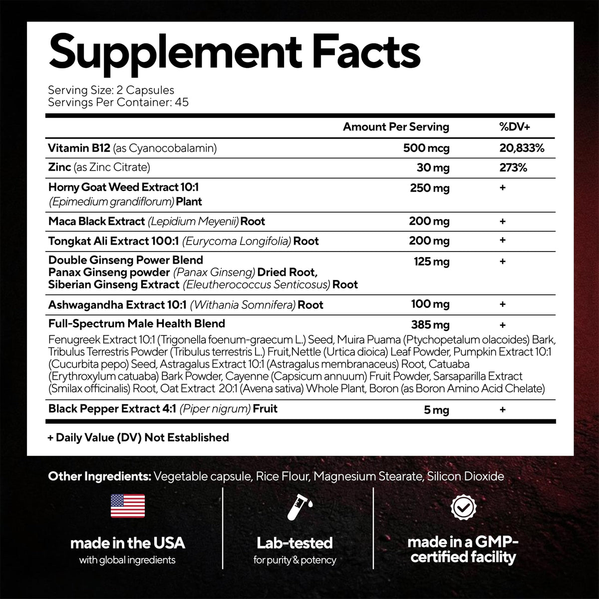 90 Vegan Caps Men Supplements with Tongkat Ali, Black Maca Root, Zinc, Vitamin B12 Q437314