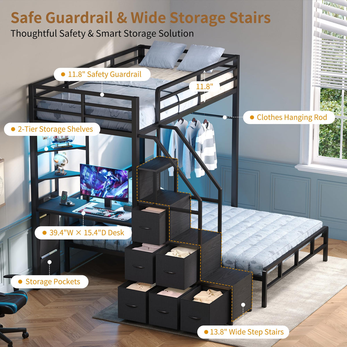 Black Twin Over Full Bunk Bed with Desk and Stairs E847