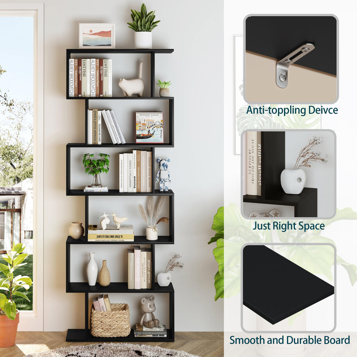 6-Tier Geometric S Shaped Wood Bookshelf E8507