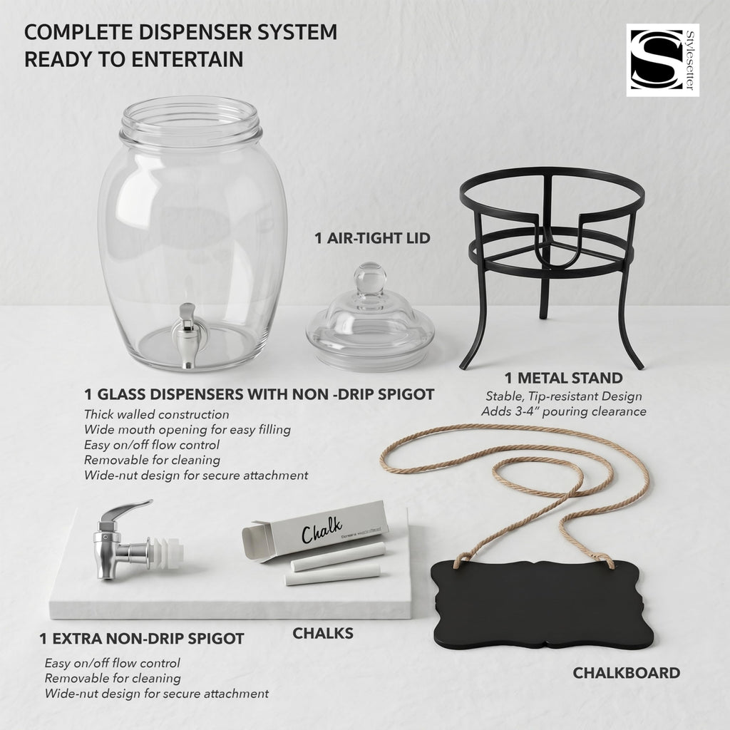 Glass Beverage Dispenser with Metal Stand 2 Gal W28162
