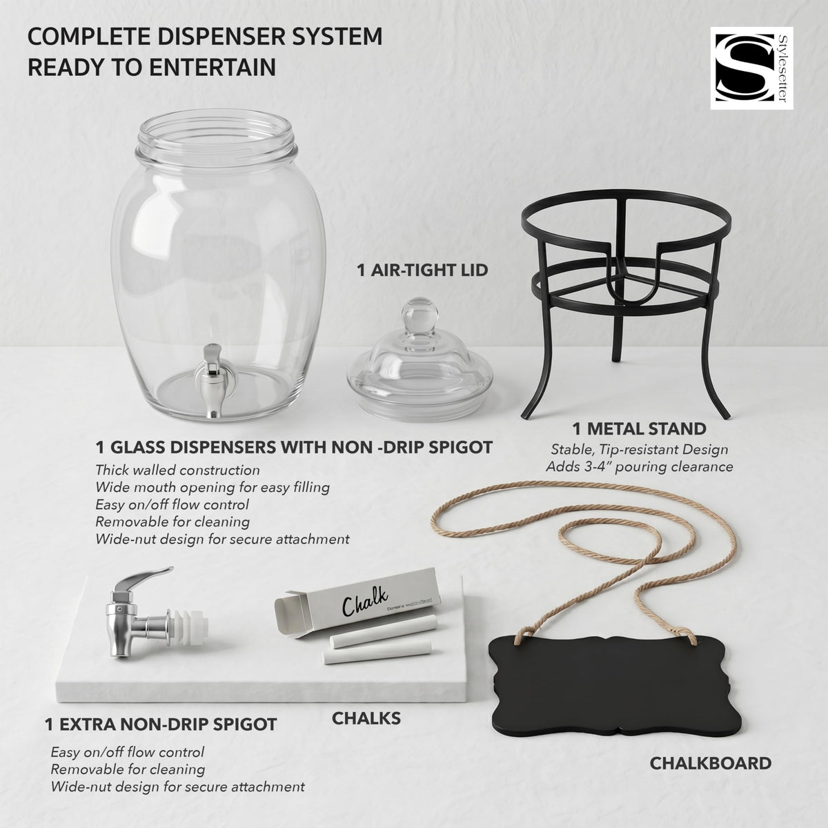 Glass Beverage Dispenser with Metal Stand 2 Gal W28162