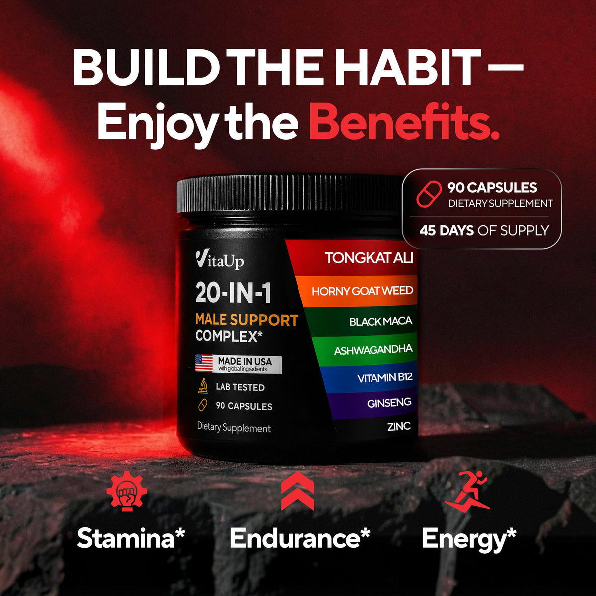 90 Vegan Caps Men Supplements with Tongkat Ali, Black Maca Root, Zinc, Vitamin B12 Q437314