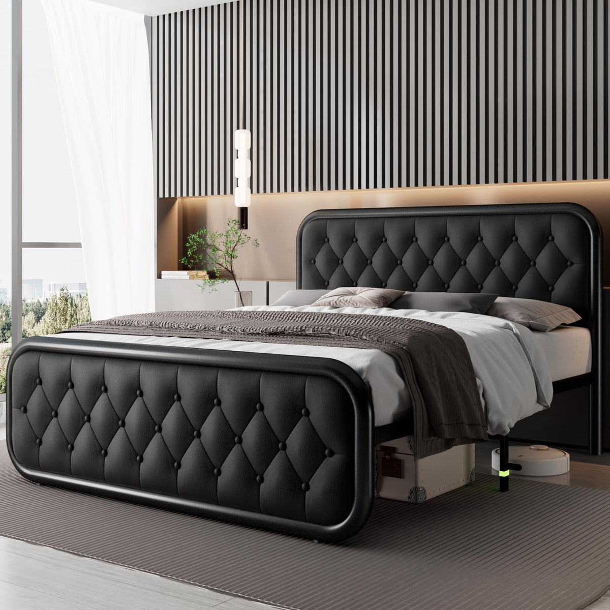 Full Size Upholstered Platform Bed Frame with Faux Leather Headboard I991