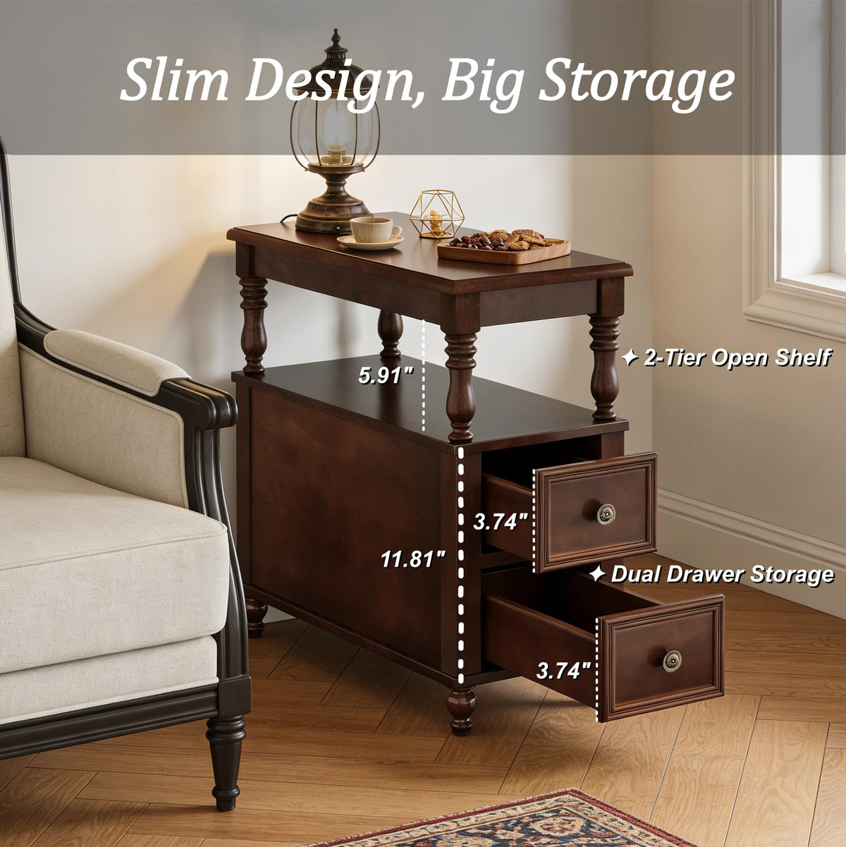 Solid Wood End Table with 2 Drawers and 2-Tier Open Shelf M3825