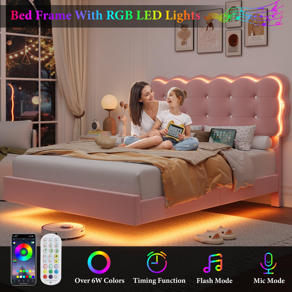 Full Size LED Bed Frame with Charging Station Headboard V9718