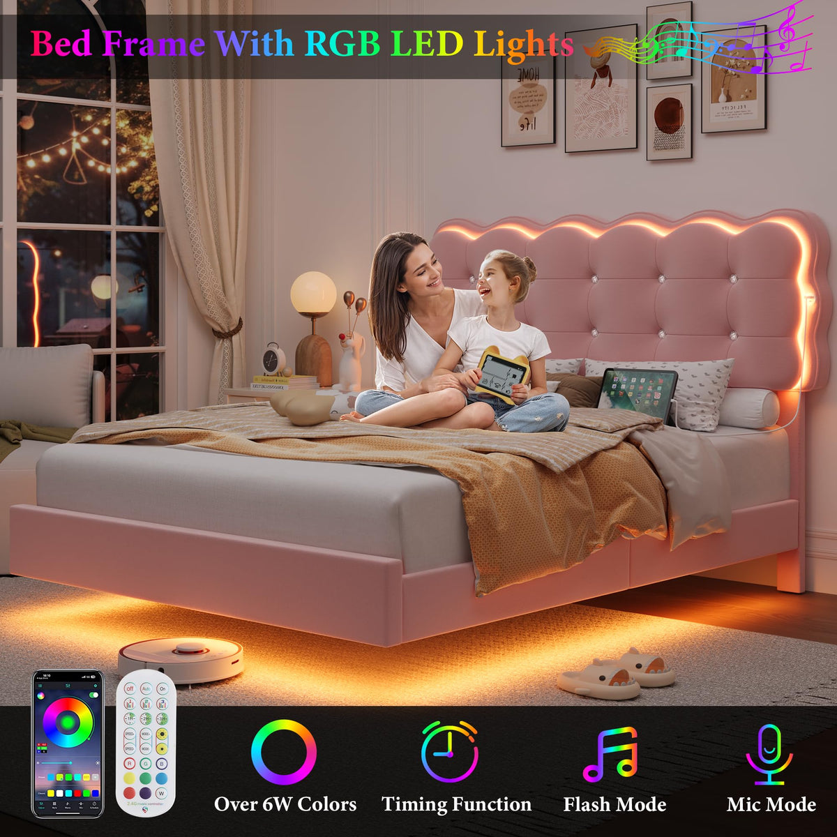 Full Size LED Bed Frame with Charging Station Headboard V9718