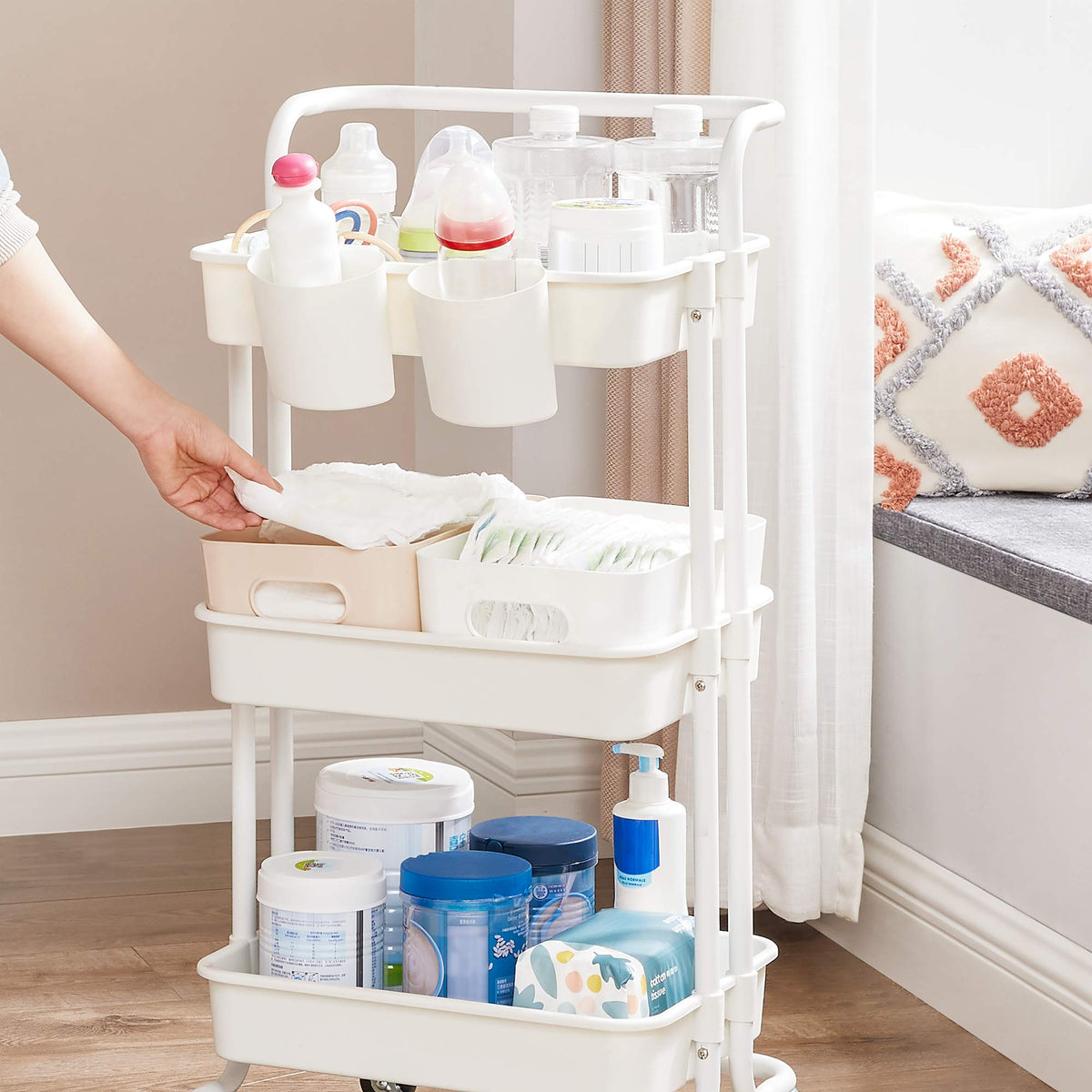 3-Tier Plastic and Steel Rolling Cart with Handle and 2 Brakes C9876