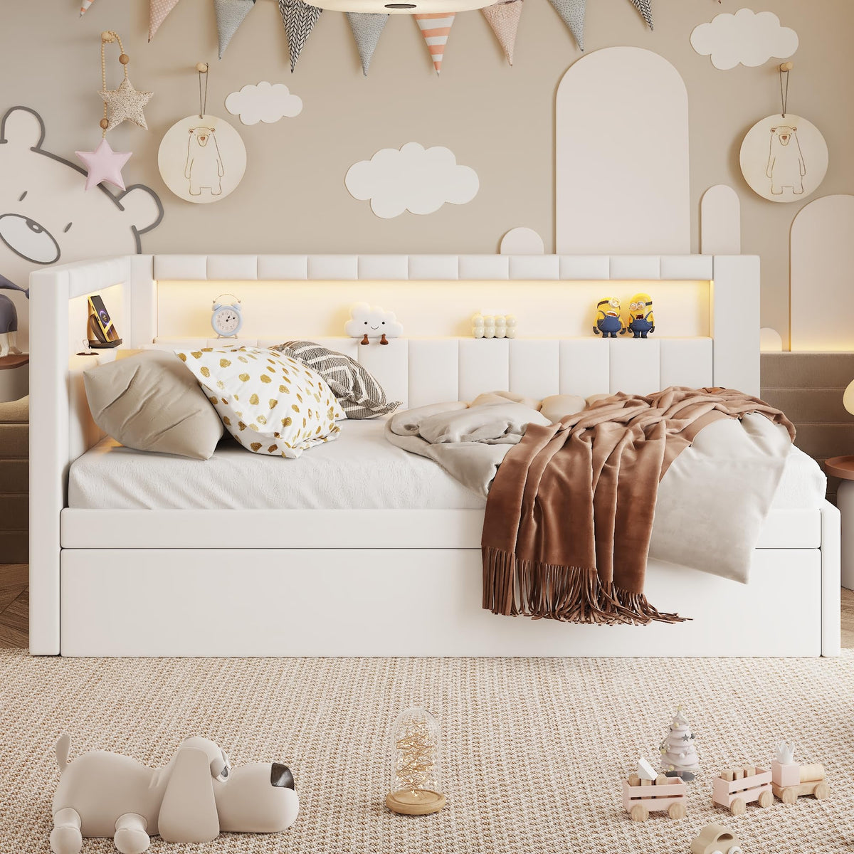 White Twin Size Upholstered Daybed with Trundle A430065