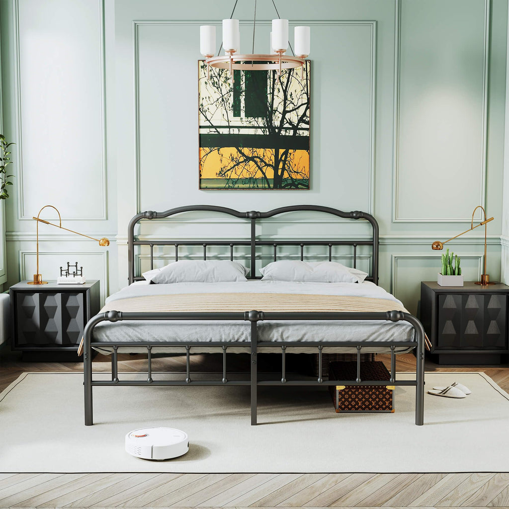 Queen Size Black Metal Platform Bed Frame with Headboard S3278
