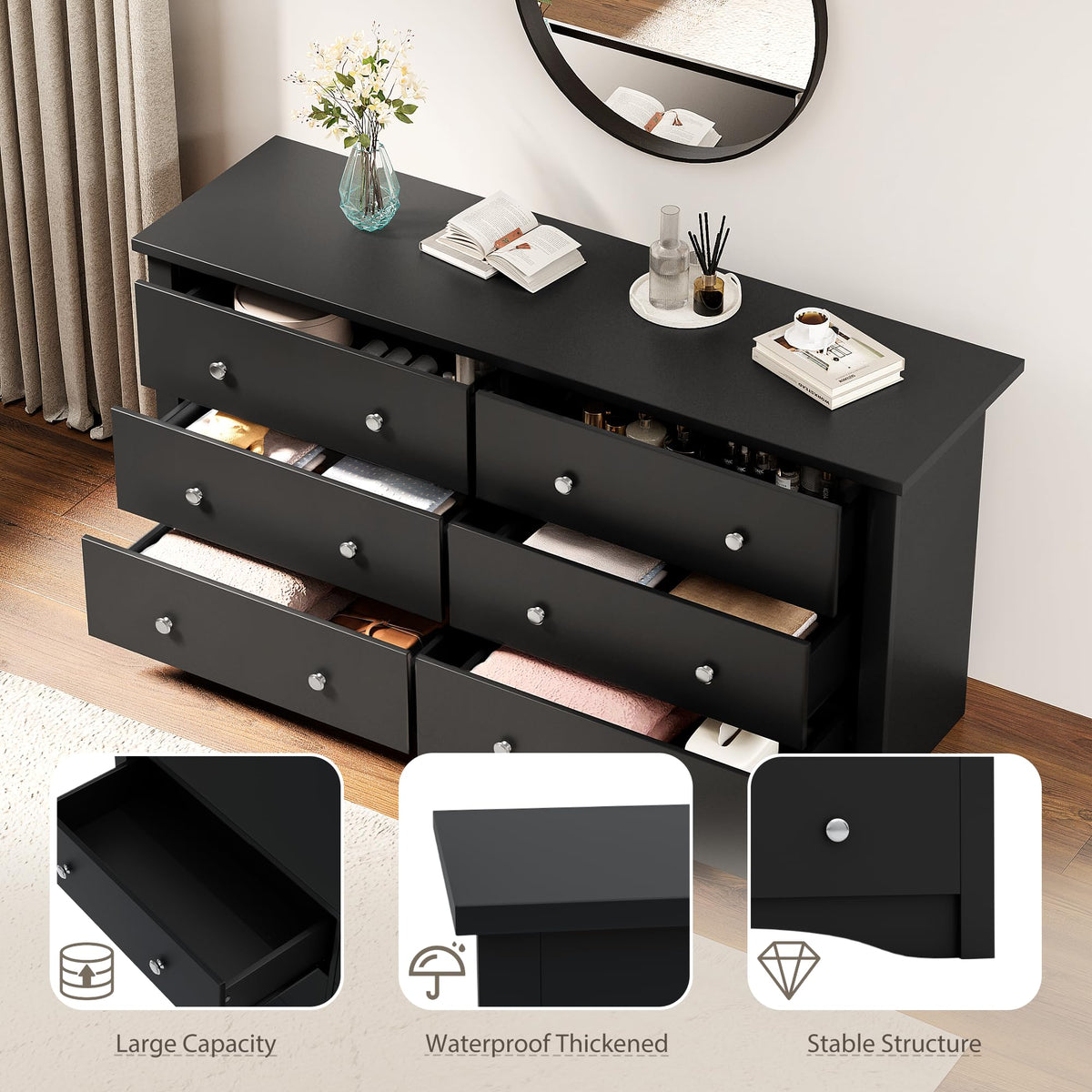 Black 6 Drawer Dresser Q3066