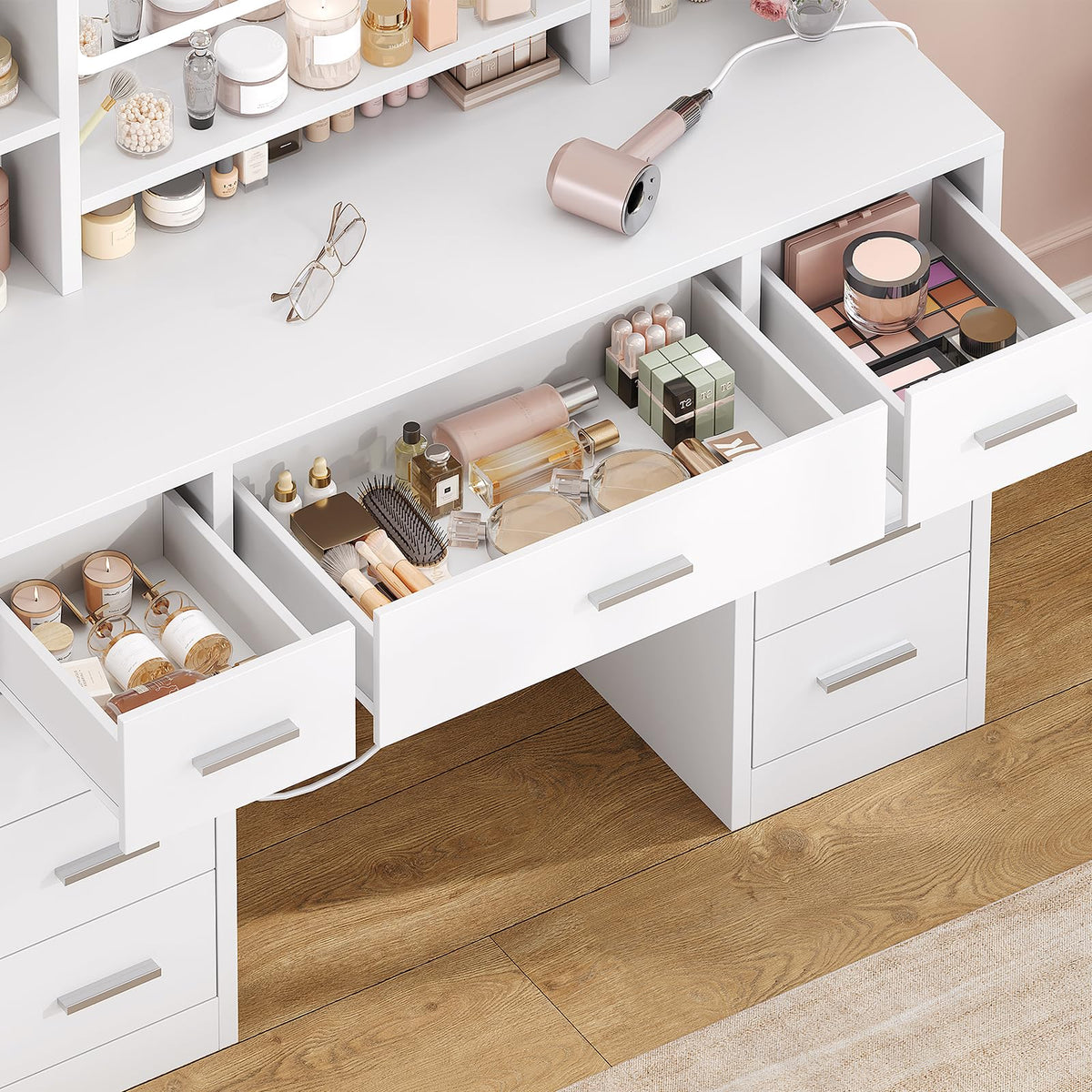 White Vanity Desk with Mirror and 9 Drawers O9316