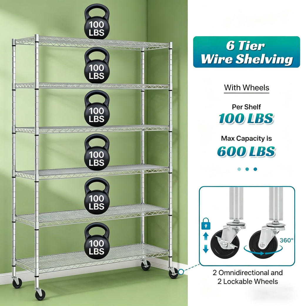 6-Tier Heavy Duty Steel Wire Shelving Unit with Wheels I633254