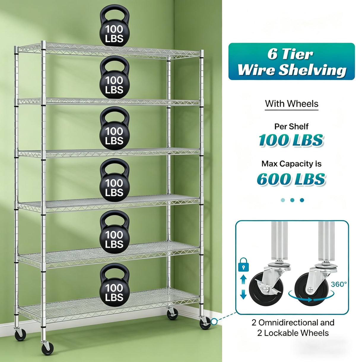 6-Tier Heavy Duty Steel Wire Shelving Unit with Wheels I633254