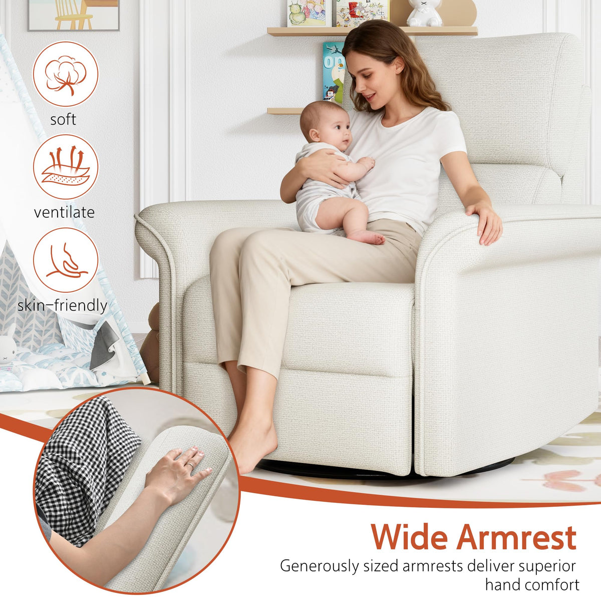 Fabric Light Gray Swivel Rocker Recliner Chair V999