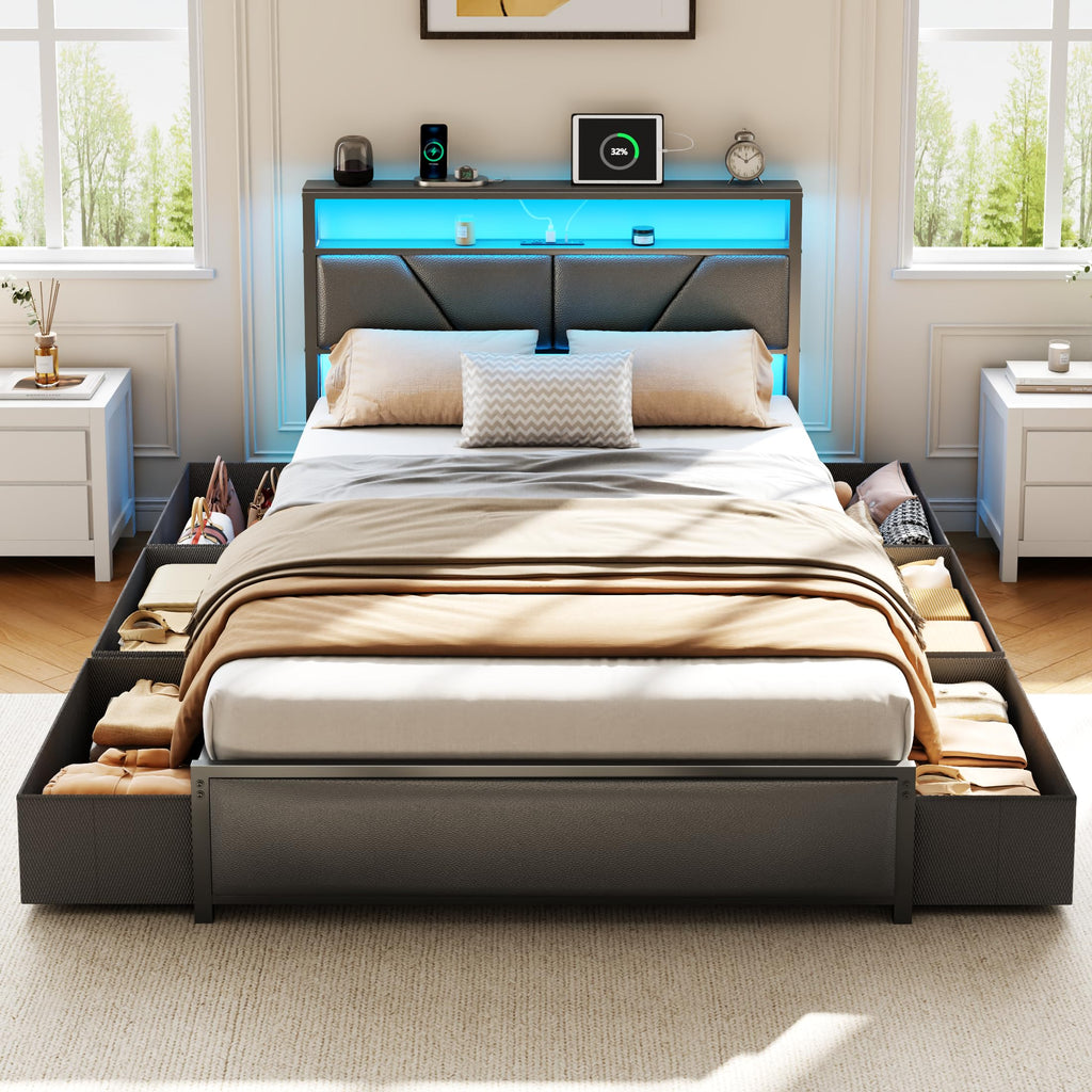Full Size Bed Frame with Storage Headboard H708