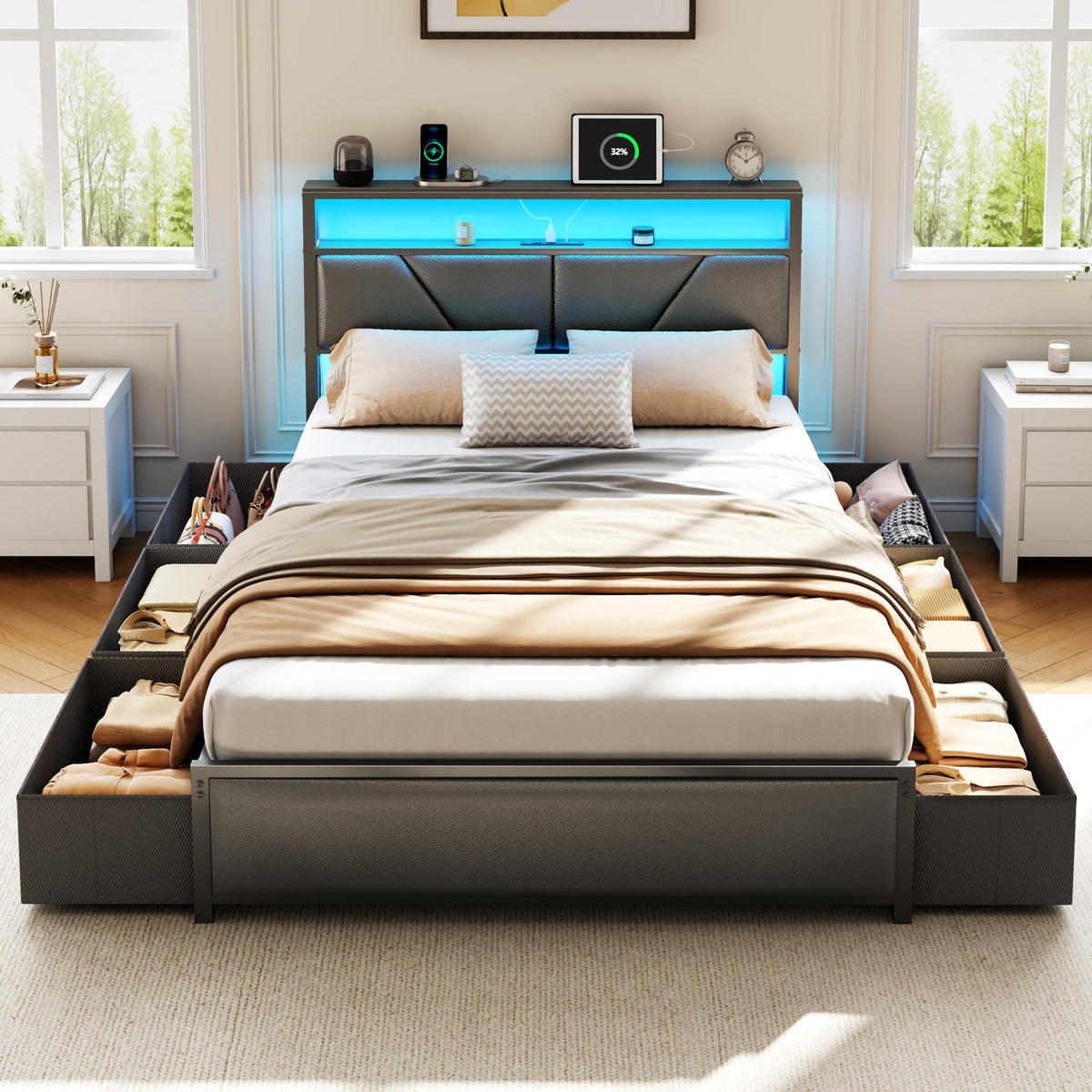 Full Size Bed Frame with Storage Headboard H708