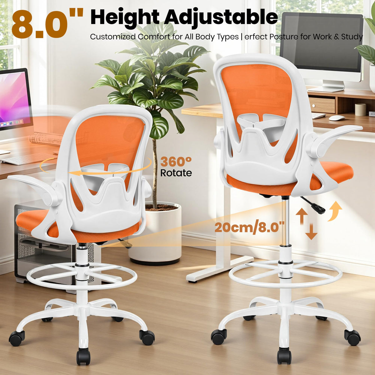 Tall Ergonomic Drafting Chair with Flip-up Armrests and Footrest Ring X98580