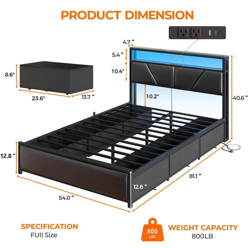 Full Size Bed Frame with Storage Headboard H708
