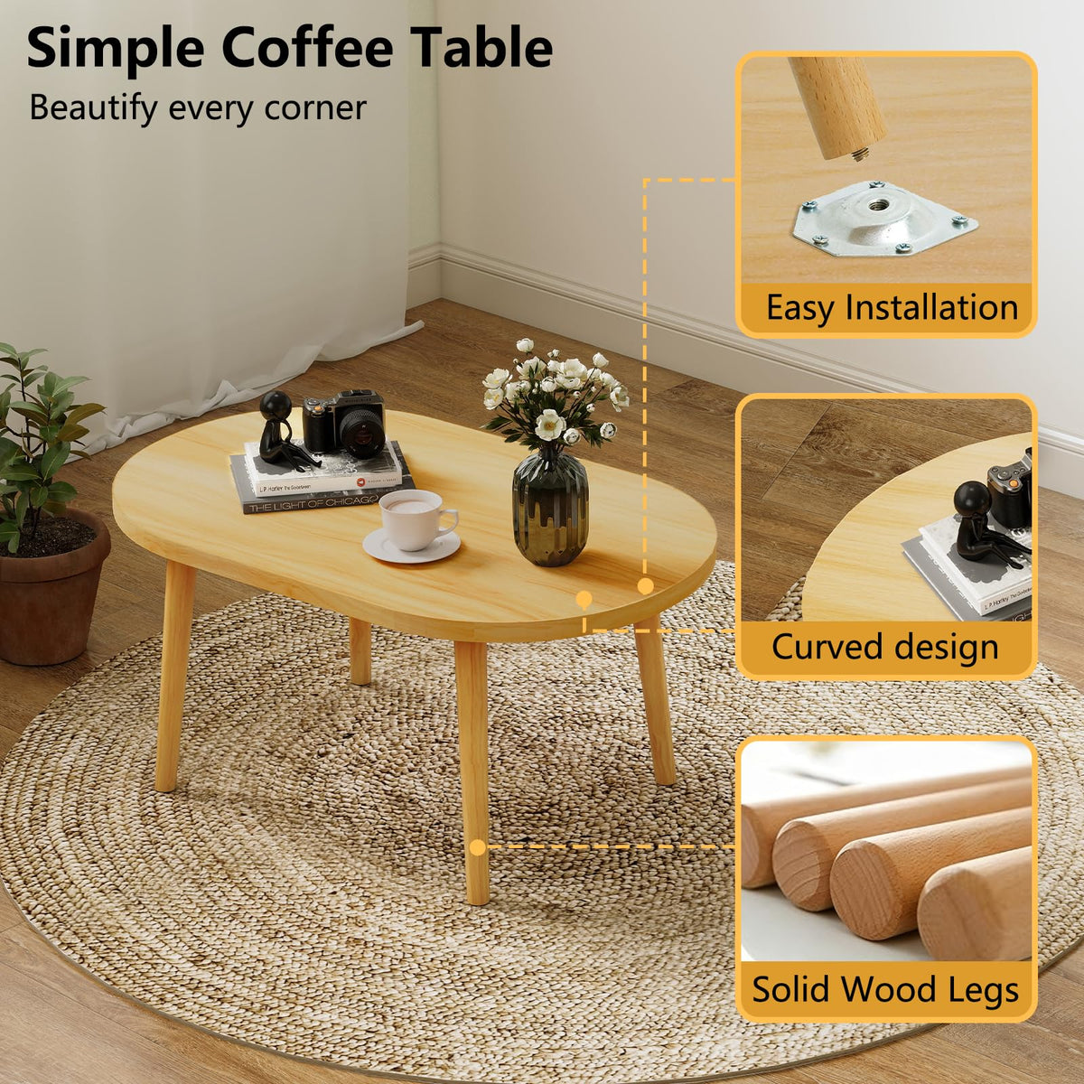 Oval Coffee Table Natural 19.7"D x 31.5"W x 16"H W981