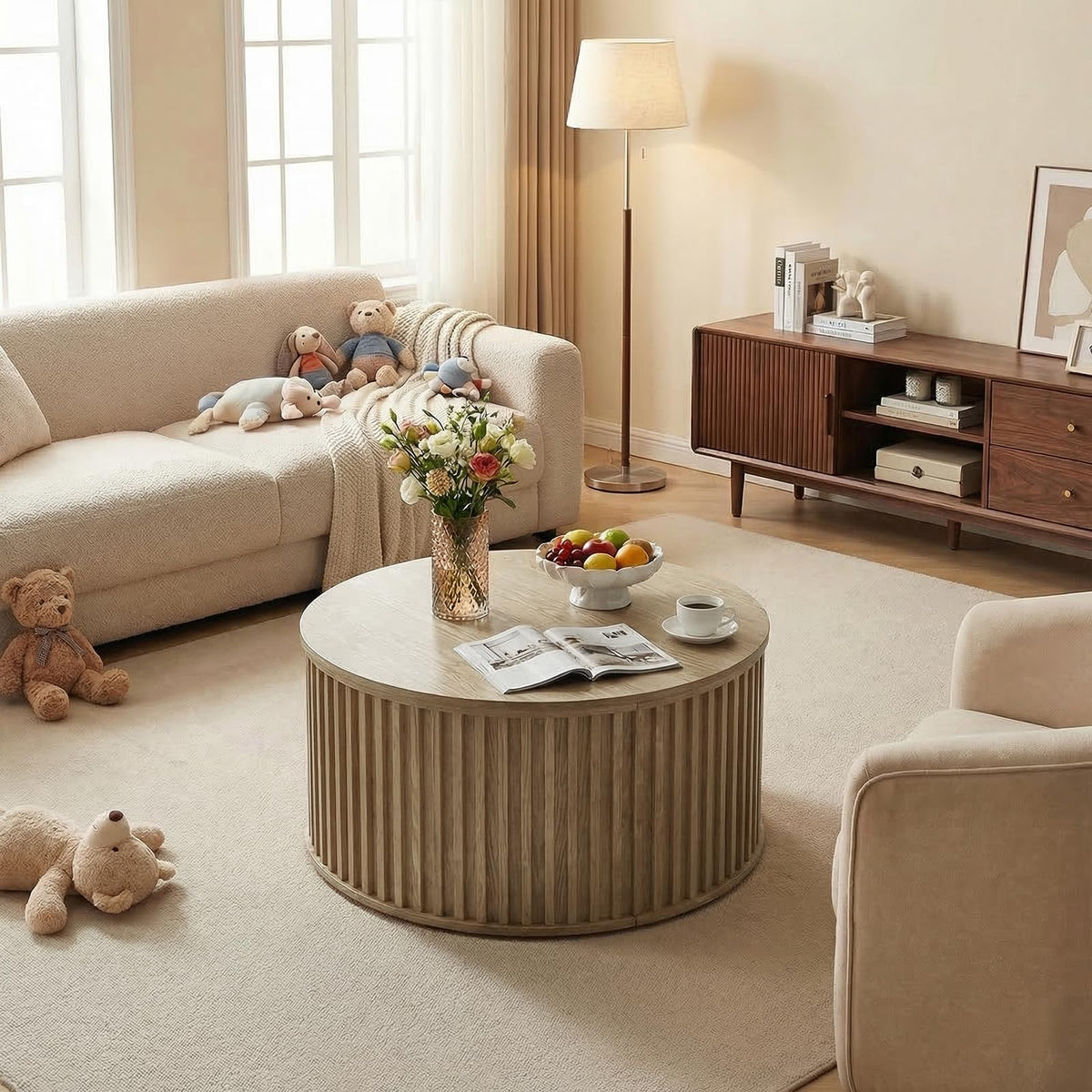 Round Coffee Table with Storage, 35.43" Fluted Center Table W8183