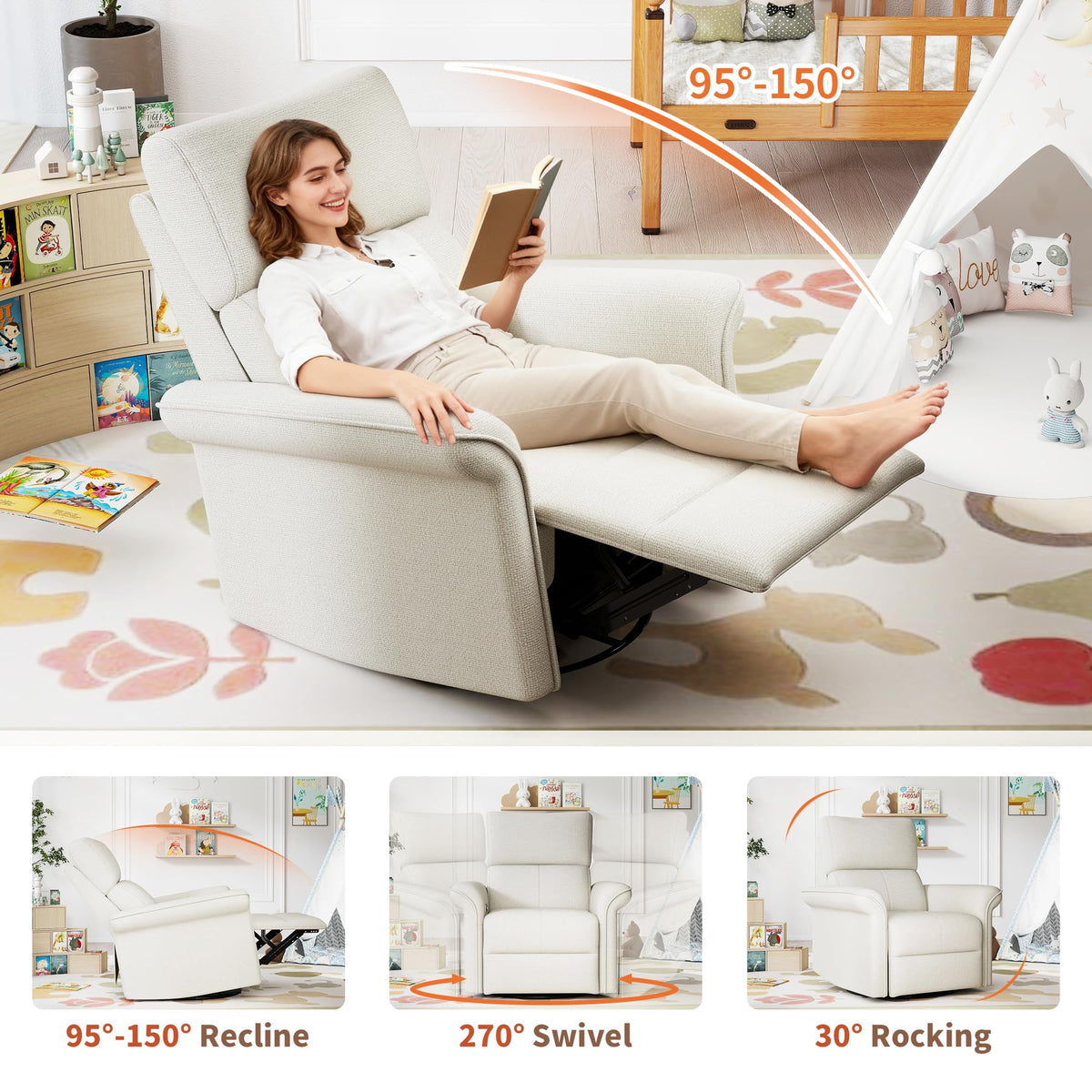 Fabric Light Gray Swivel Rocker Recliner Chair V999
