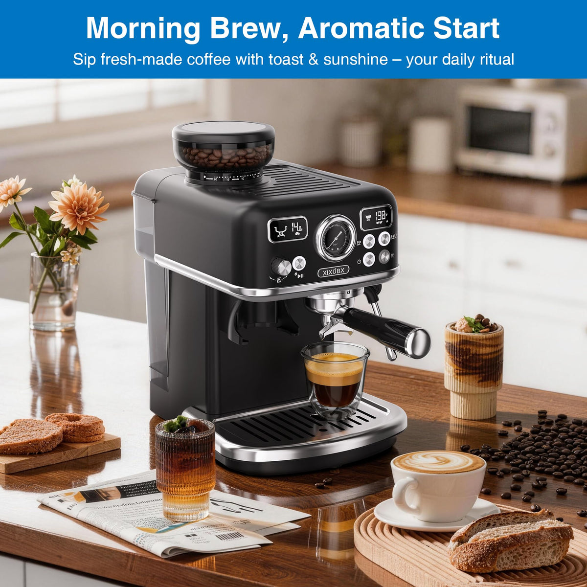 Espresso Machine with Grinder, PID & Programmable Settings, Black I3789