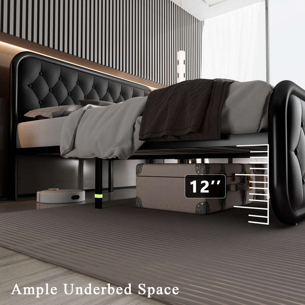 Full Size Upholstered Platform Bed Frame with Faux Leather Headboard I991