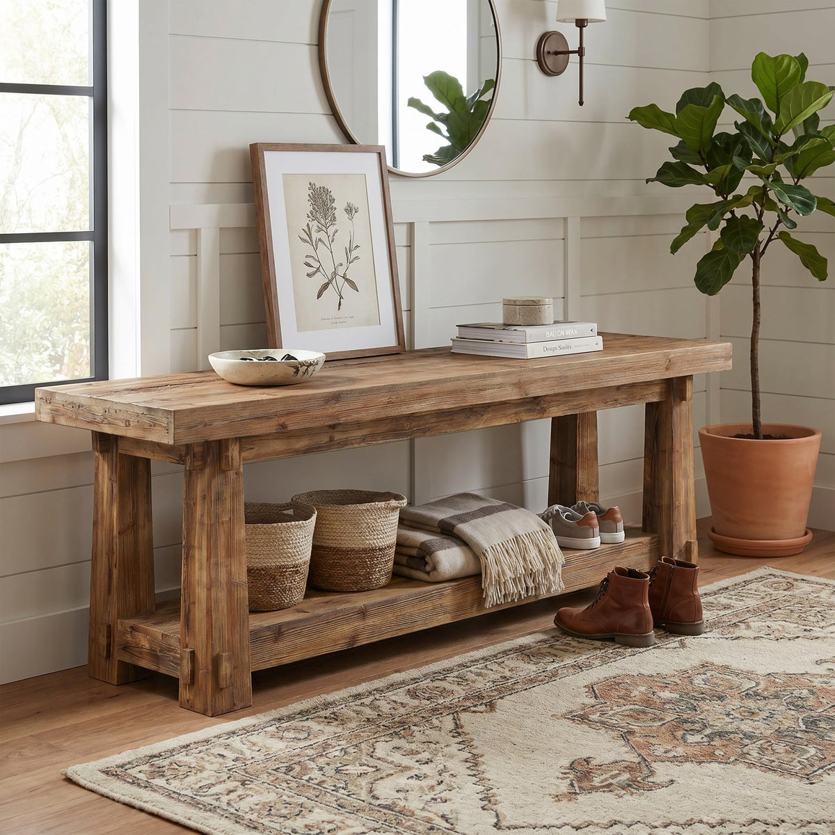 55" Wood Entryway Bench with Shoe Storage E659703