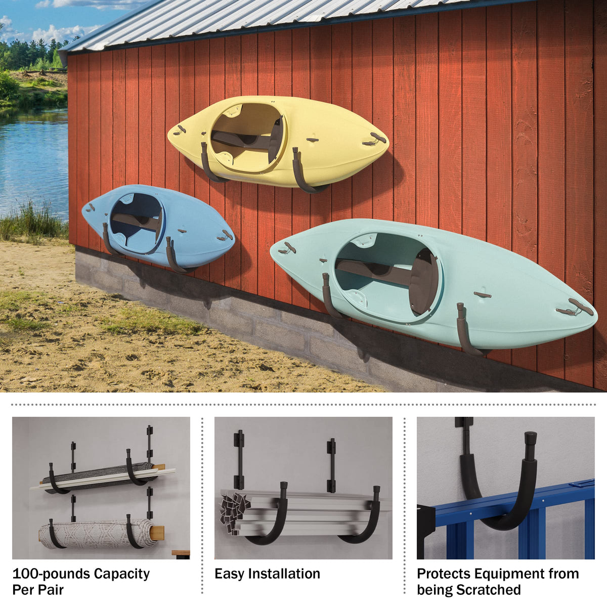 2-Pack Kayak Storage Hook Sets Wall Mount Hangers 100lb Capacity L4140
