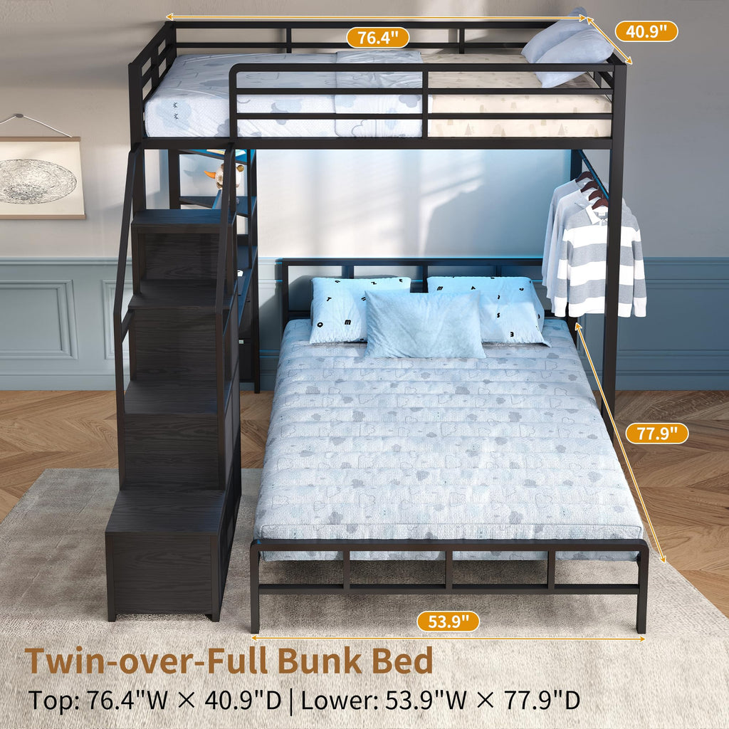 Black Twin Over Full Bunk Bed with Desk and Stairs E847