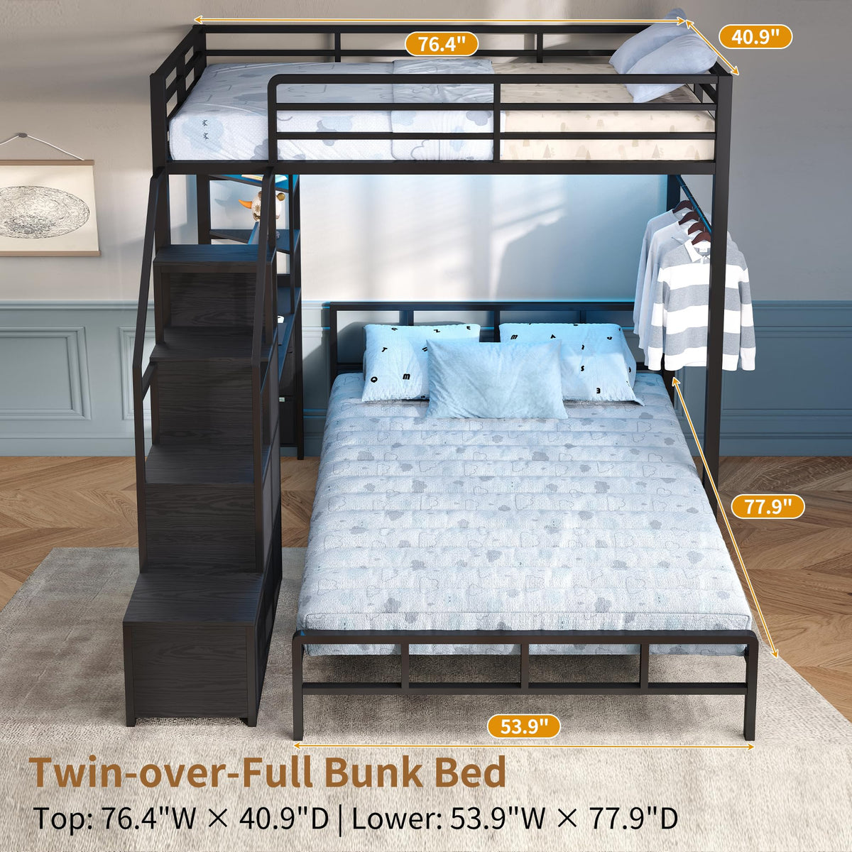 Black Twin Over Full Bunk Bed with Desk and Stairs E847