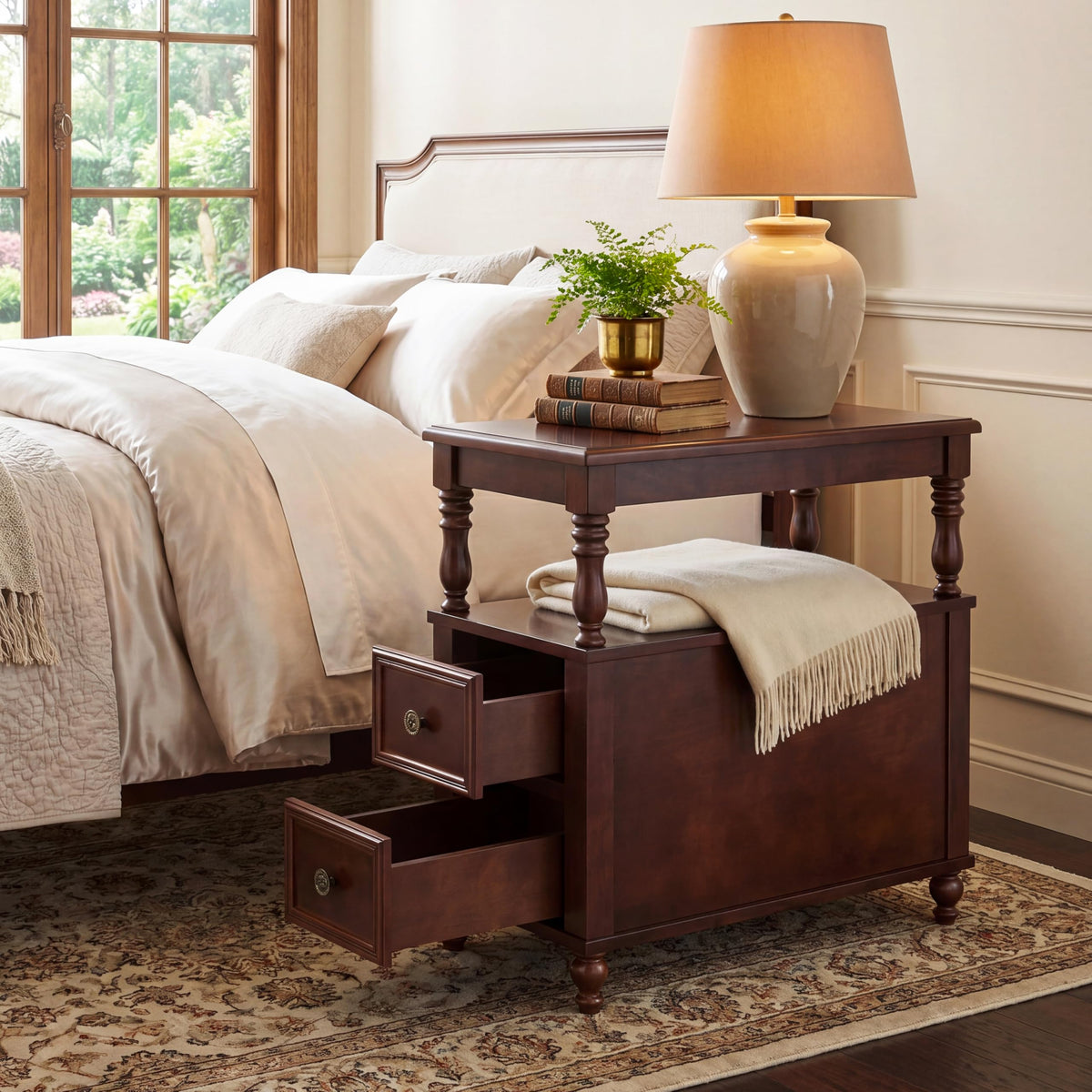 Solid Wood End Table with 2 Drawers and 2-Tier Open Shelf M3825